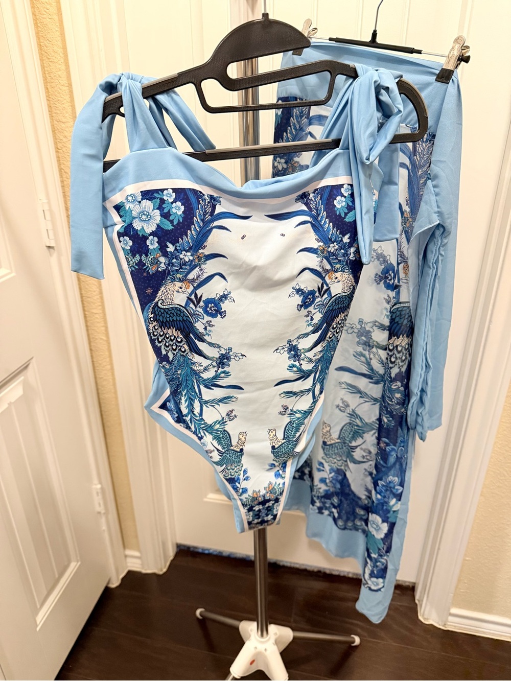 NWOT Light Blue Floral & Peacock Print Swimsuit and Sarong Set